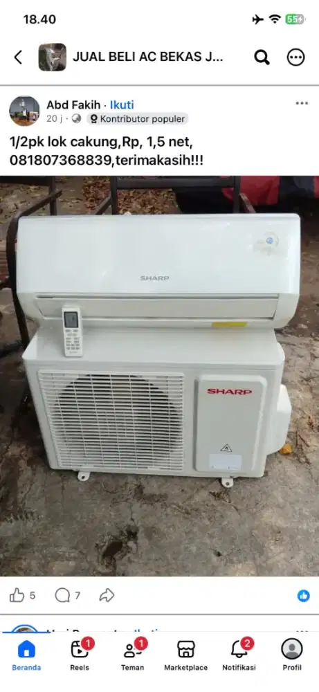 Di jual ac SHARP 1/2PK