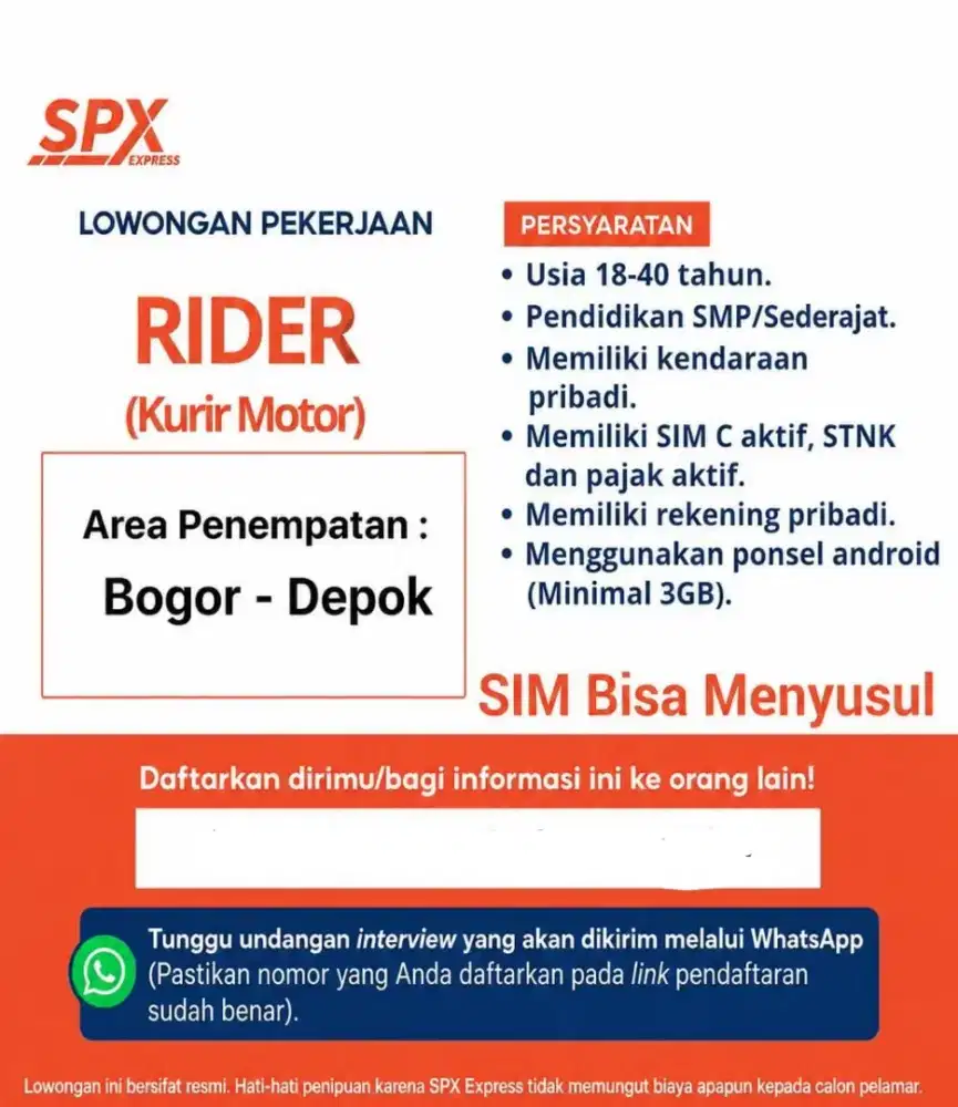 Kurir Rider & Driver Shopee Express Bogor & Depok