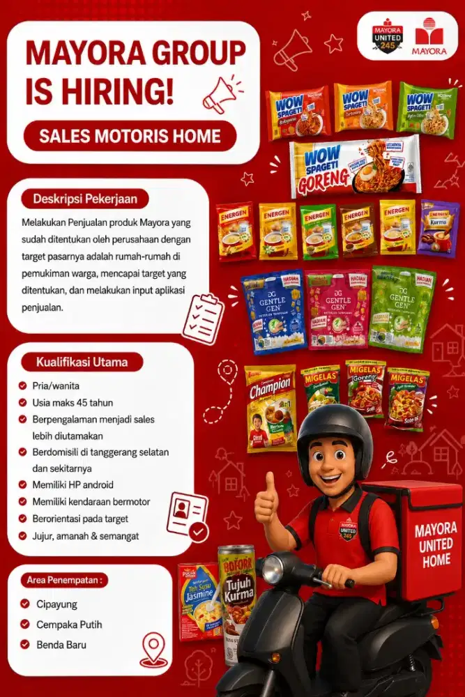 LOWONGAN PEKERJAAN DICARI SECEPATNYA SALES MOTORIS MAYORA