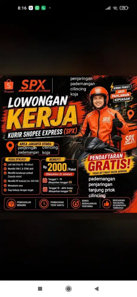 Loker kurir paket spx motor dan mobil