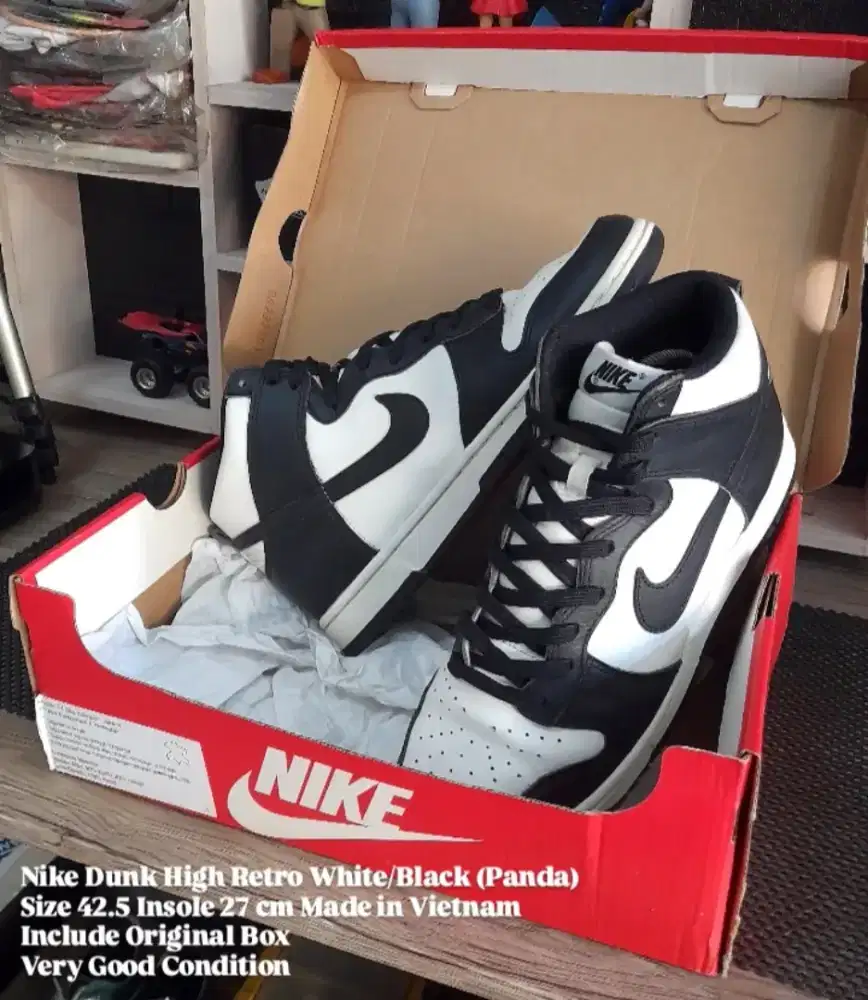 Nike Dunk High Retro Black White Original Size 42.5 Insole 27 cm