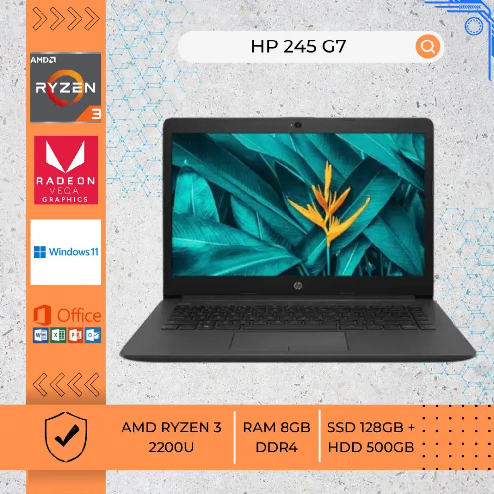 LAPTOP BEKAS HP 245 G7 AMD RYZEN 3-2200U RAM8GB DDR4 SSD128GB+HDD500GB