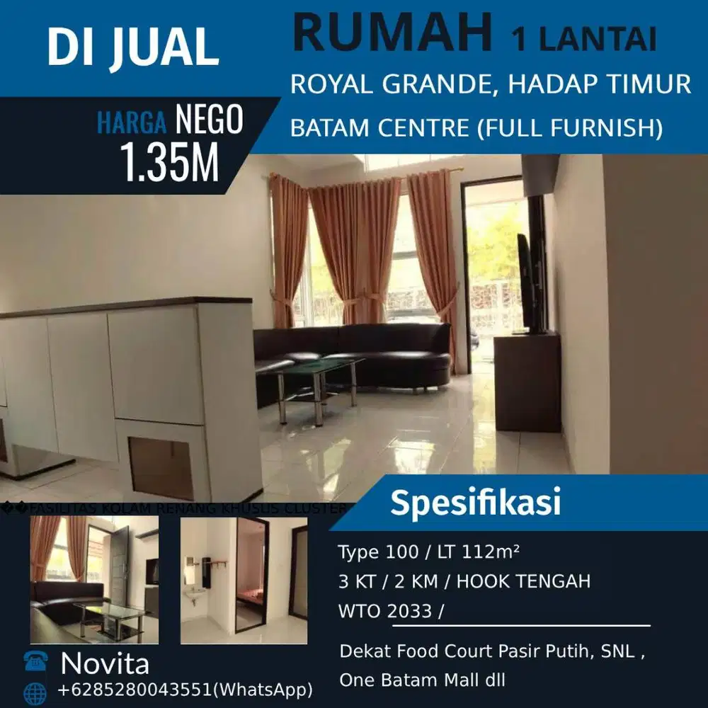 Rumah 1 lantai  Hook Tengah ROYAL GRANDE -  Batam Centre (full furnish