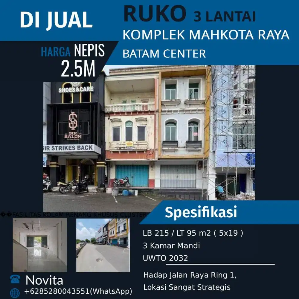 Ruko 3 Lantai di Komplek Mahkota Raya, Batam Center.