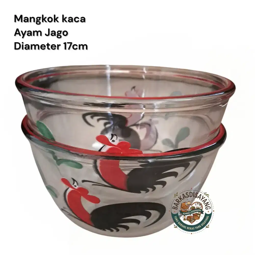 JUAL MURAH LIKE NEW 2 PCS MANGKOK KACA TEBAL AYAM JAGO DIAMETER 17CM