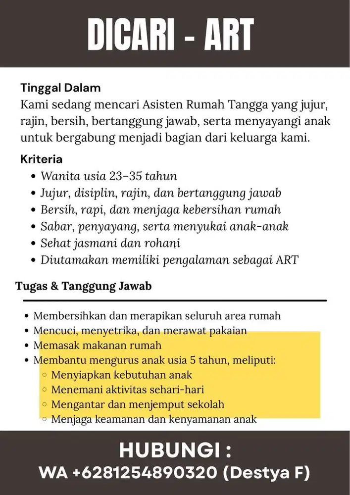 DICARI ART DI JAKARTA TIMUR