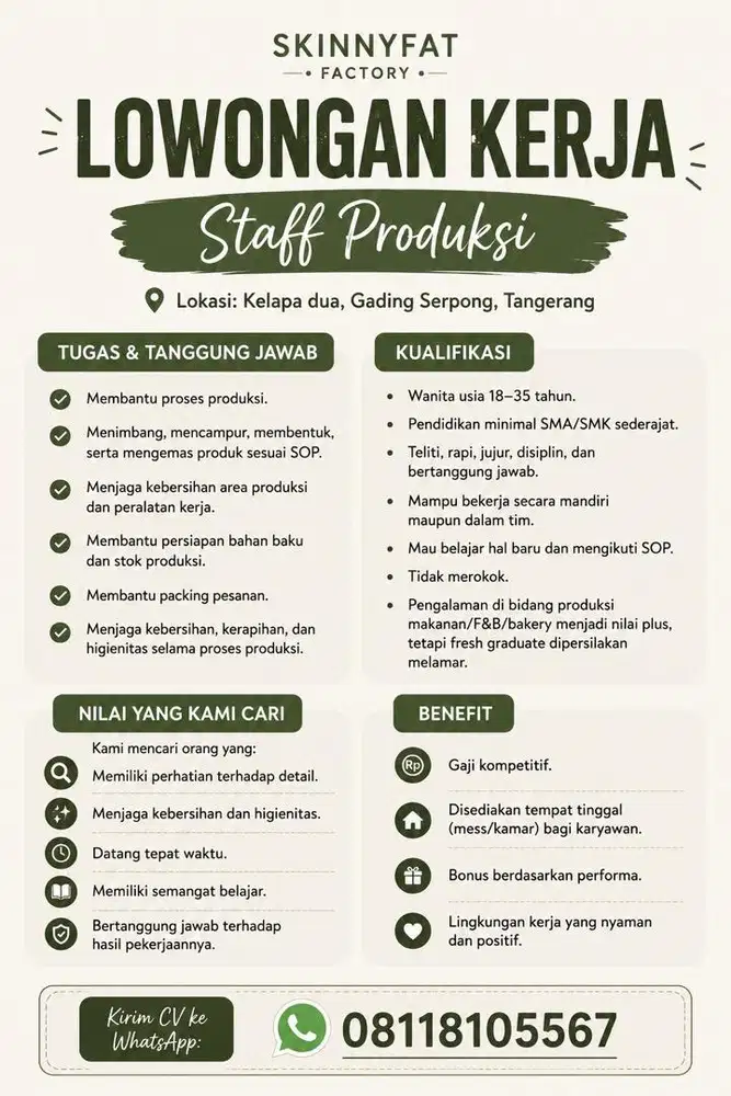 LOWONGAN KERJA WANITA STAF PRODUKSI DISEDIAKAN MESS/KAMAR