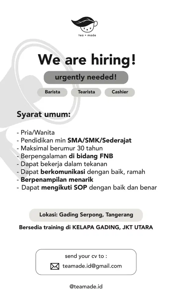 HIRING Tearista & Cashier, kirim cv ke email