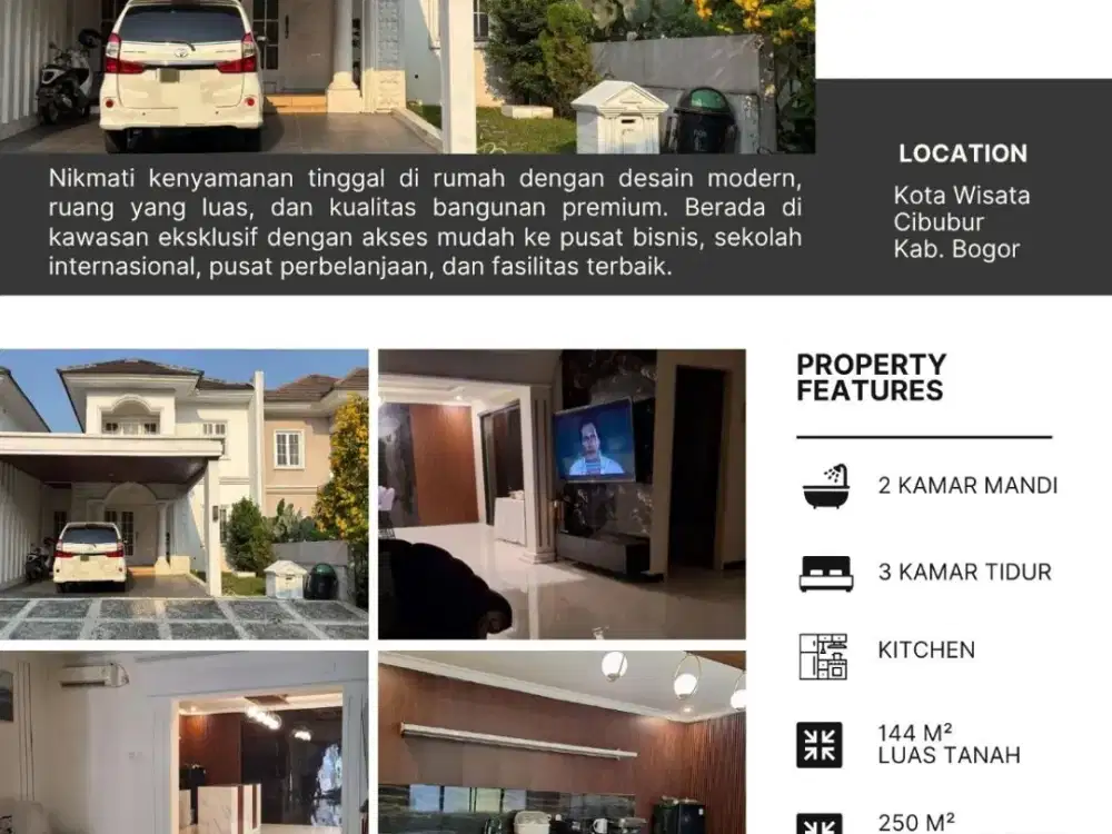 Dijual Rumah Mewah di Kota Wisata LB 250 M² LT 144 M²