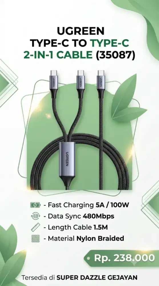 UGREEN TYPE C TO TYPE C 2-IN-1 CABLE (35087)