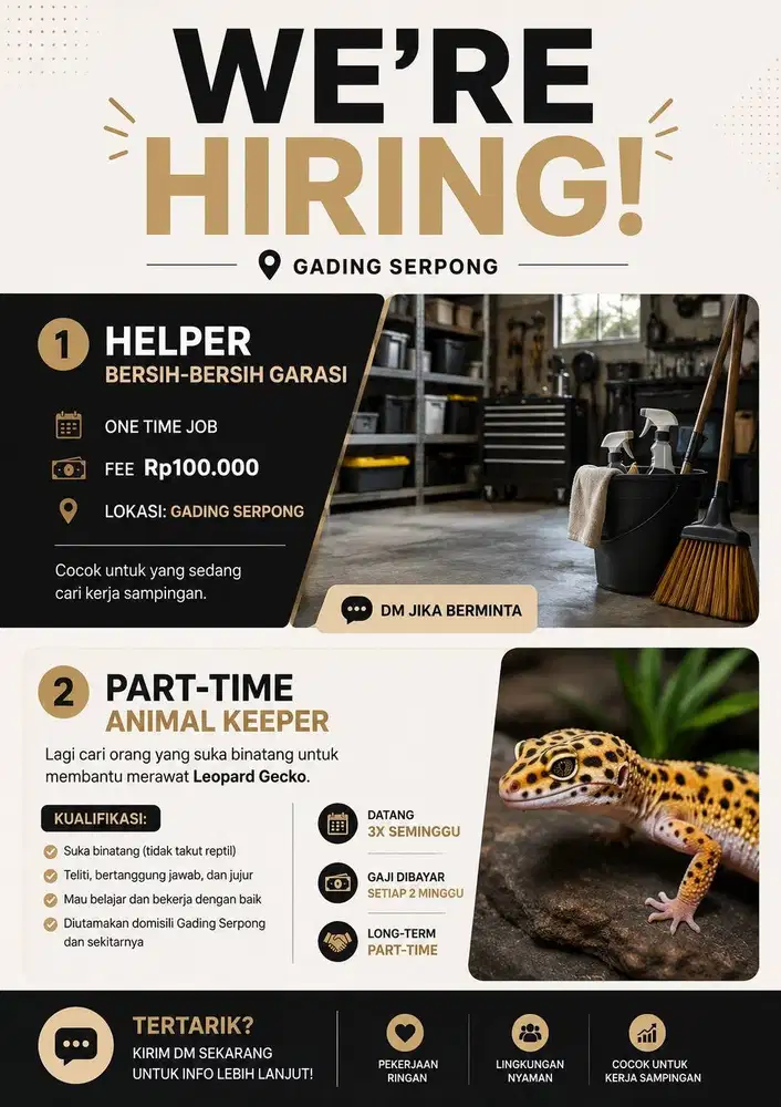 WE'RE HIRING | Helper Garasi & Part-Time Animal Keeper, Gading Serpong
