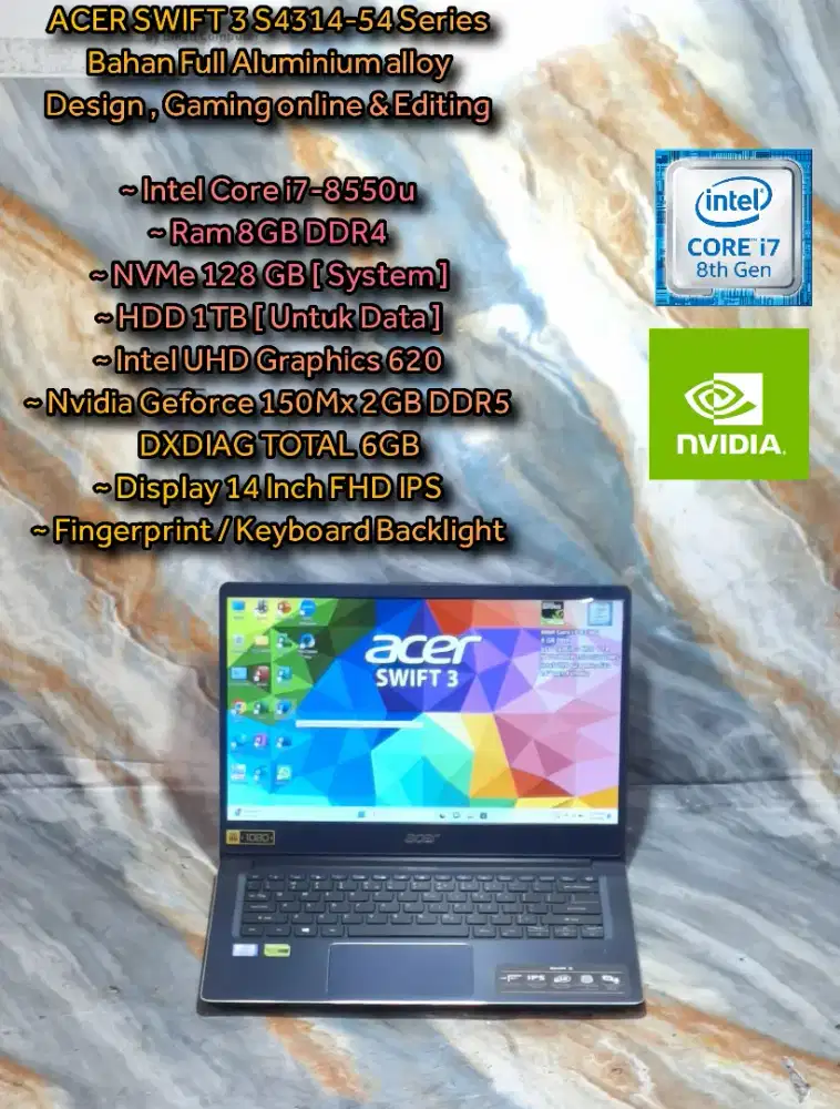 ACER SWIFT 3 Intel Core i7 Dual VGA Laptop Coding Laptop Design Laptop
