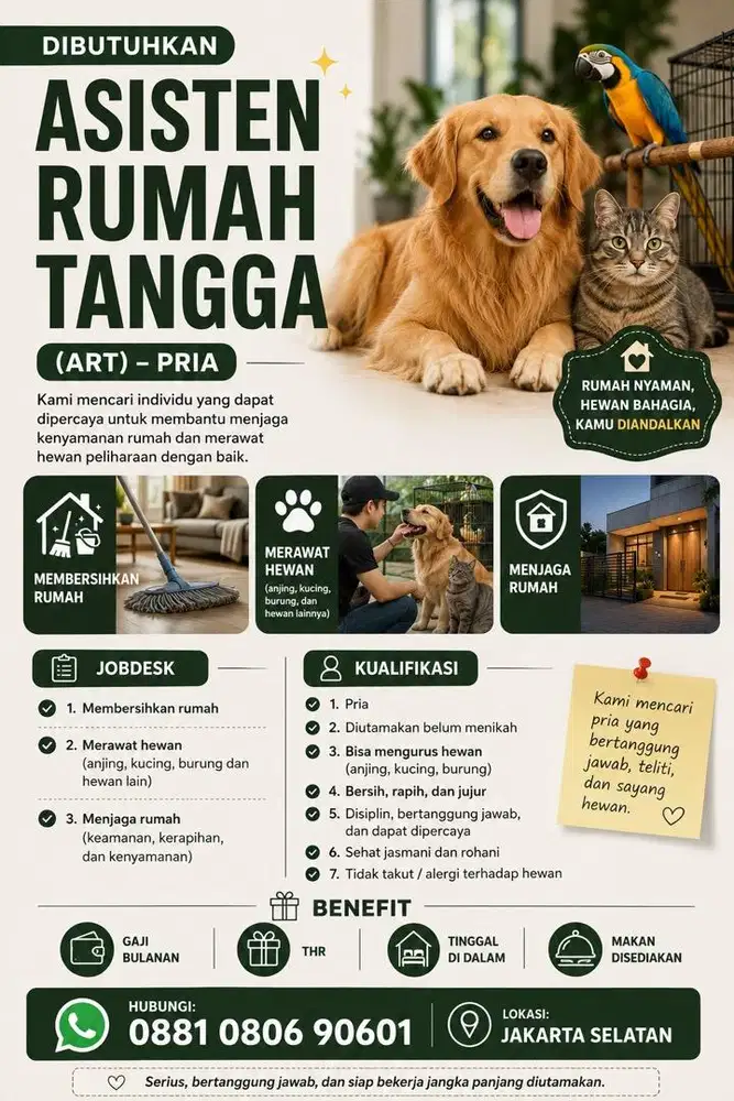 LOWONGAN PEKERJAAN – ASISTEN RUMAH TANGGA (ART)
