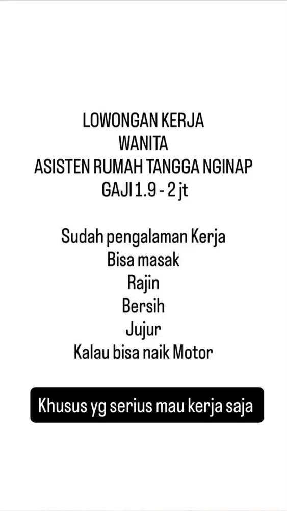 Dicari ART nginap