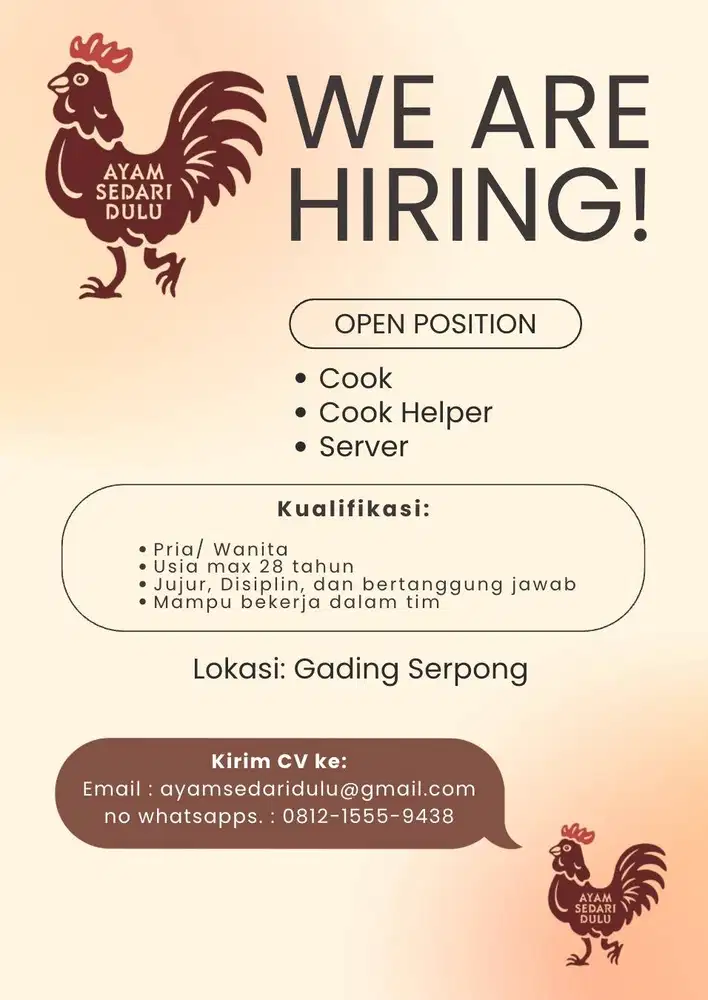 DIBUTUHKAN STAFF RESTORAN COOK/COOK HELPER/SERVER