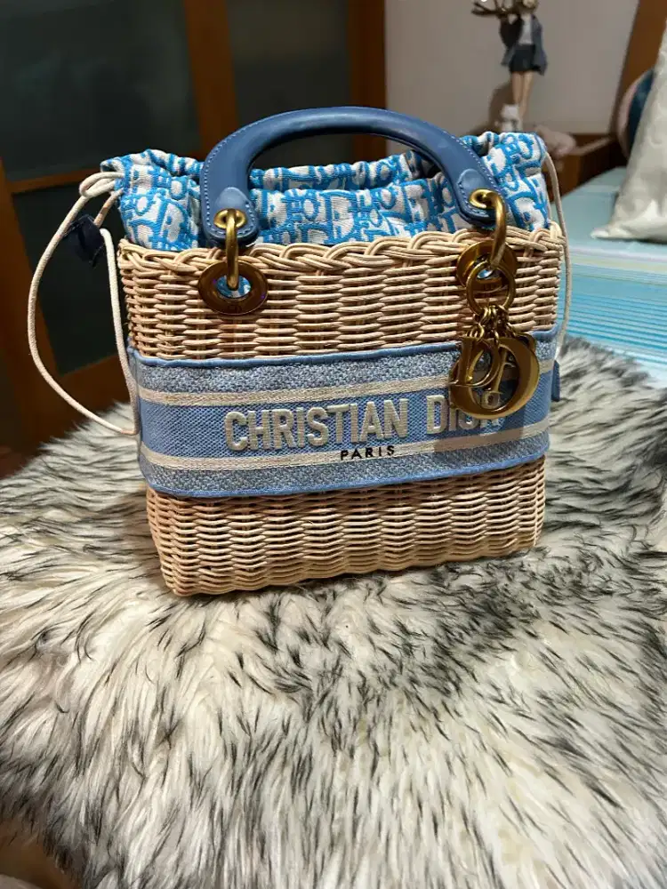 Dior Lady Bag Medium Natural Wicker and Cornflower Blue