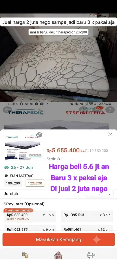 Dijual Kasur Thera Pedic 120x200 nyaman untuk tulang belakang