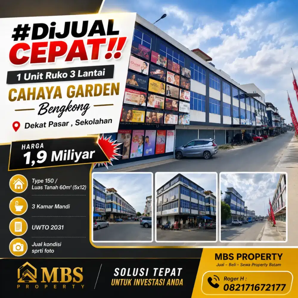 DiJUAL CEPAT
1 Unit Ruko 3Lantai CAHAYA GARDEN Bengkong