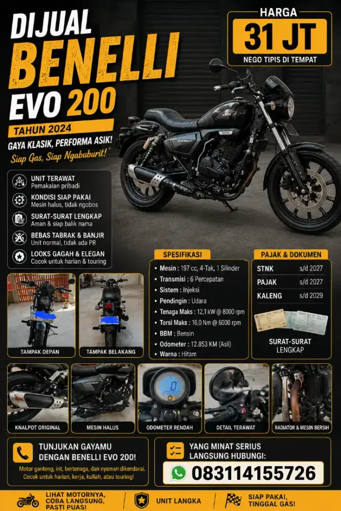 Benelli Evo 200 2024 KM 12 Rb Pajak 2027 Surat Lengkap