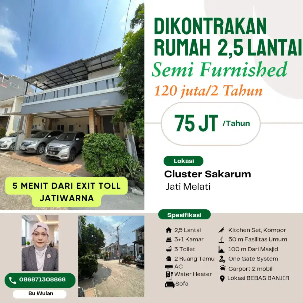 DIKONTRAKAN RUMAH CLUSTER NYAMAN BEBAS BANJIR