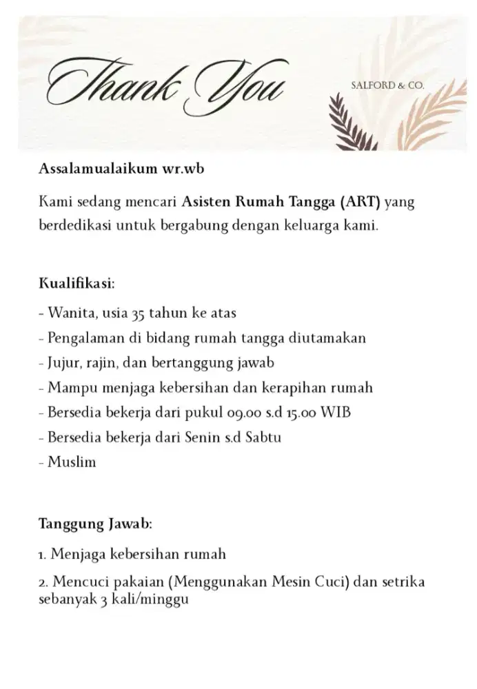 Dicari Asisten Rumah Tangga