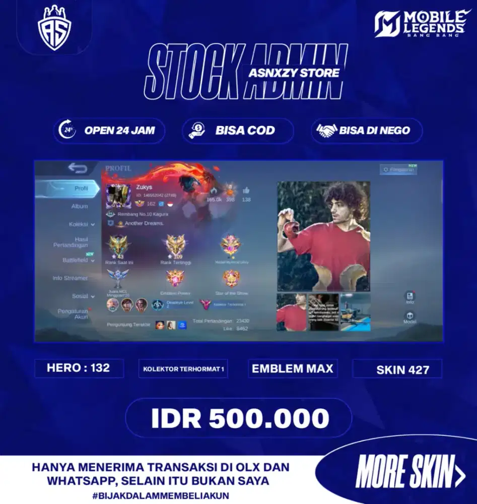 JUAL AKUN MOBILE LEGENDS KOLEKTOR TERHORMAT 1 & SKIN 427