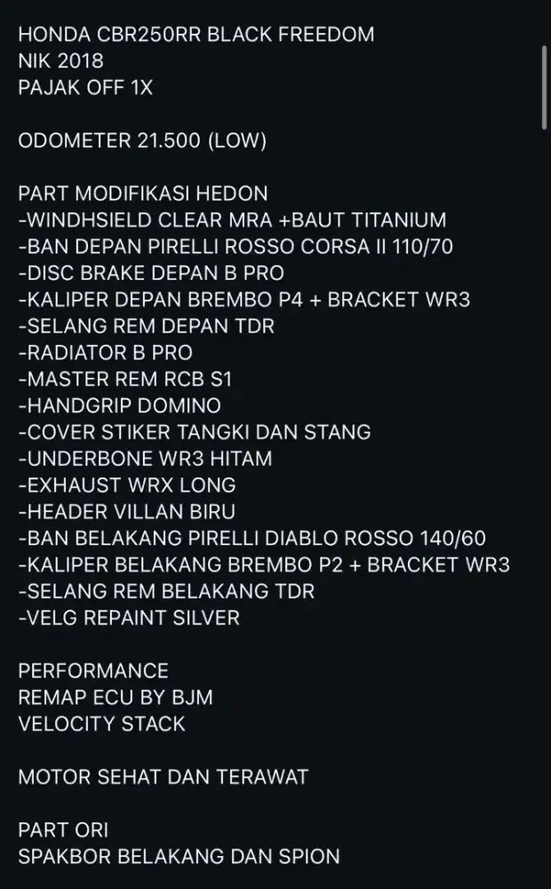 HONDA CBR250RR BLACK FREEDOM NIK 2018 PAJAK OFF 1X ODOMETER 21.500
