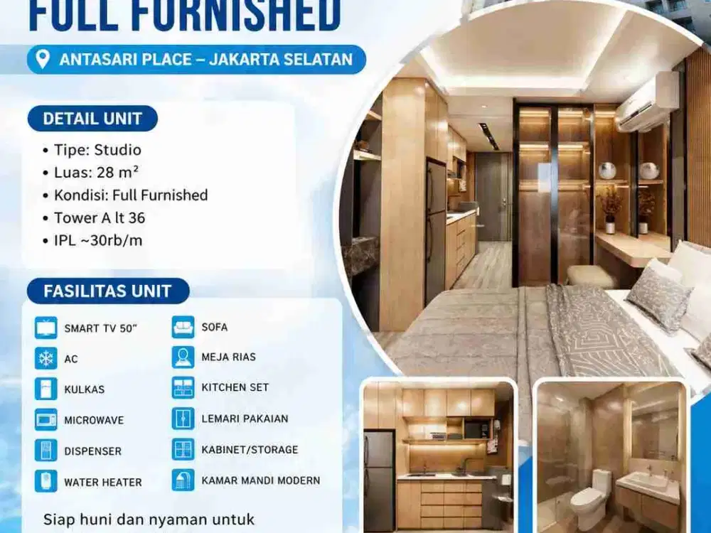 9-416
DIJUAL/DISEWAKAN APARTEMEN STUDIO FULL FURNISHED – ANTASARI PLACE JAKARTA selatan