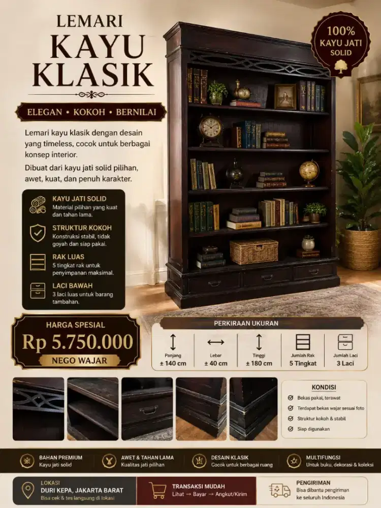 Lemari Buku Jati Klasik