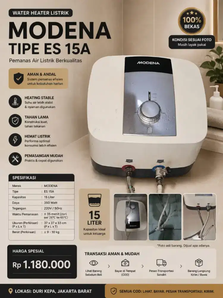 Water heater Modena. 15 liter. Bekas