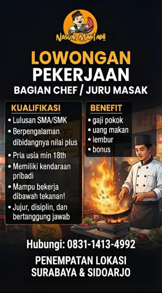 Lowongan pekerjaan chef & juru masak
