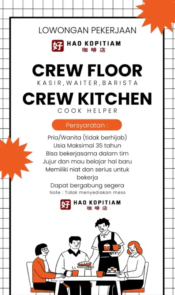 DIBUTUHKAN SEGERA CREW FLOOR DAN CREW KITCHEN