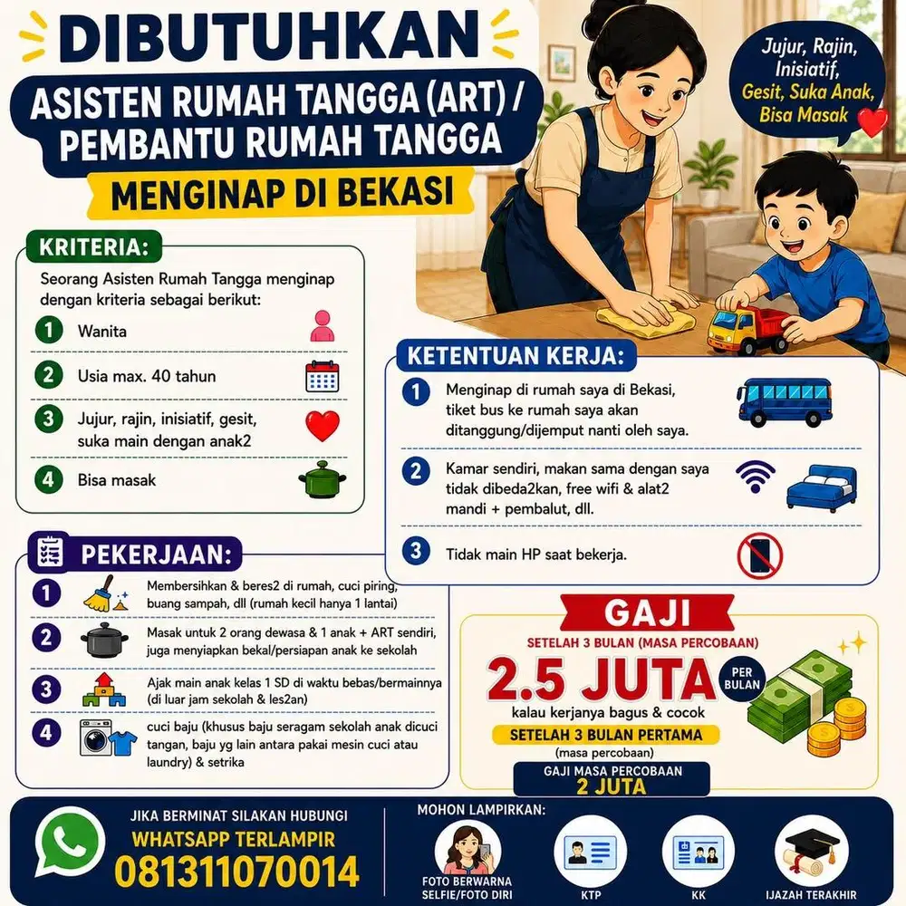 Asisten Rumah Tangga (ART) / Pembantu Rumah Tangga Menginap di Bekasi