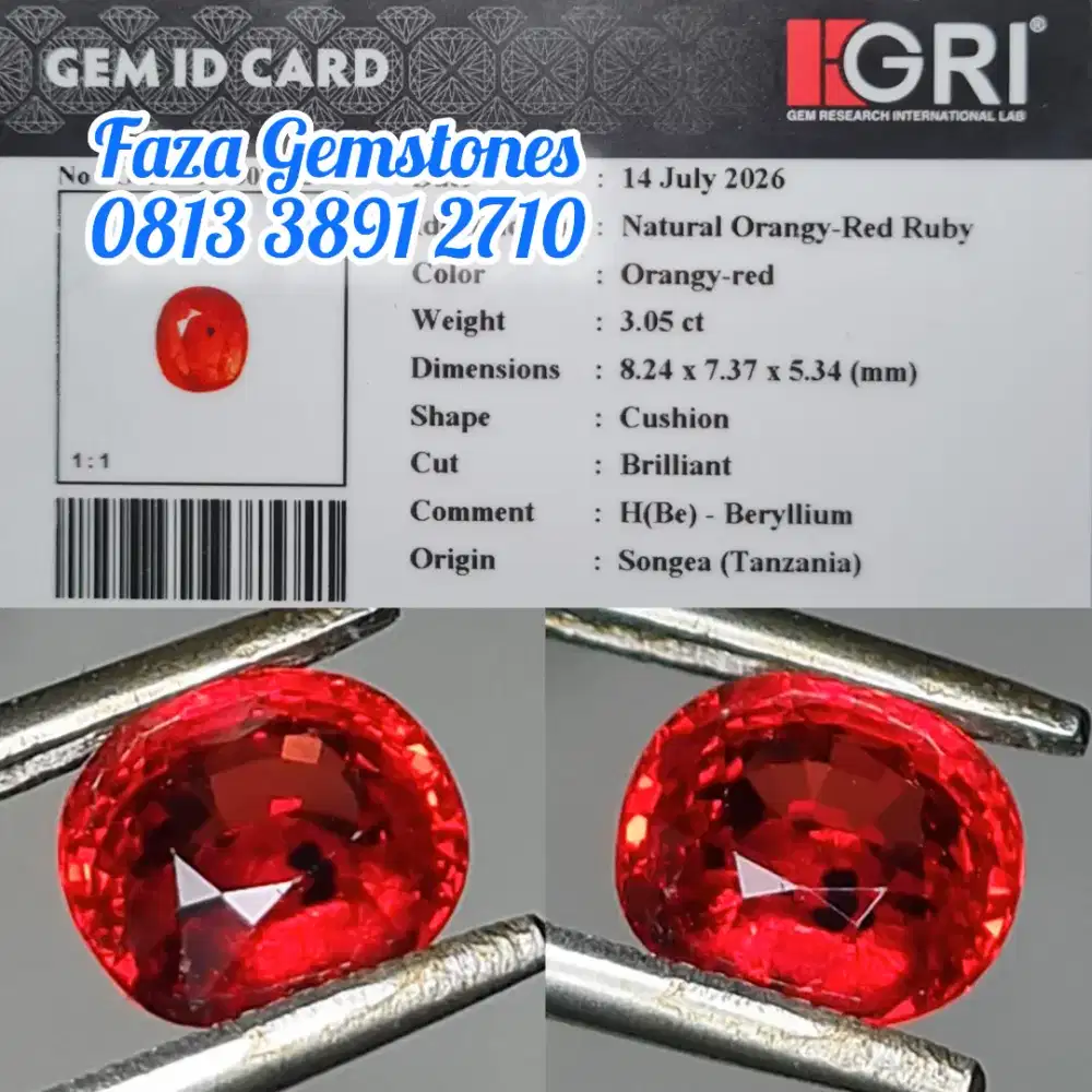 Super Quality Orangy Red Ruby Songea, Luster Bara api