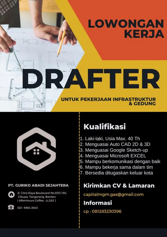 Dibutuhkan DRAFTER INFRASTRUKTUR & GEDUNG Lokasi Cikupa