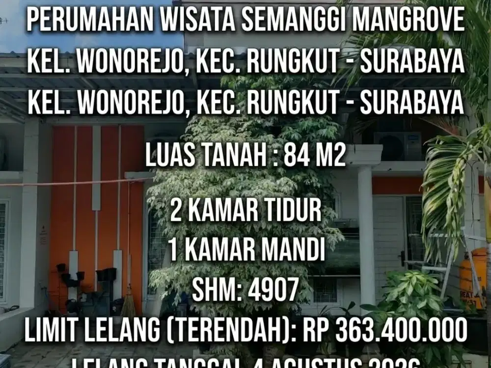 LUAS 84M2!! DIJUAL RUMAH VIA LELANG DI WONOREJO RUNGKUT SURABAYA (PERUM WISATA SEMANGGI MANGROVE)