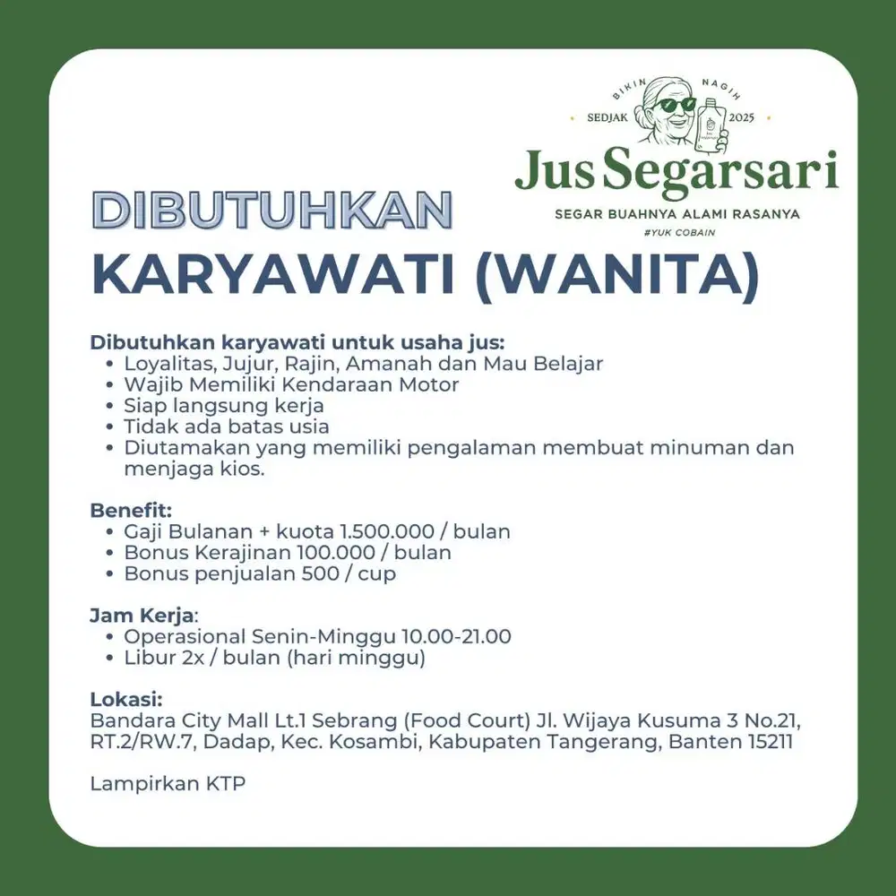 URGENT! dibutuhkan karyawati untuk jaga kios jus di Bandara City Mall