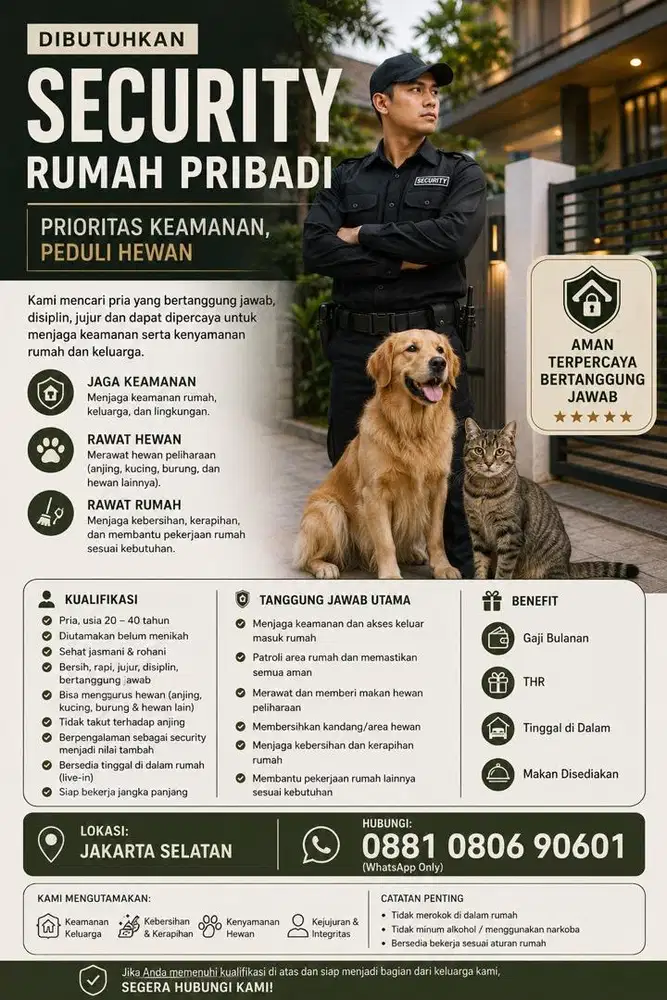 LOWONGAN PEKERJAAN – SECURITY RUMAH PRIBADI