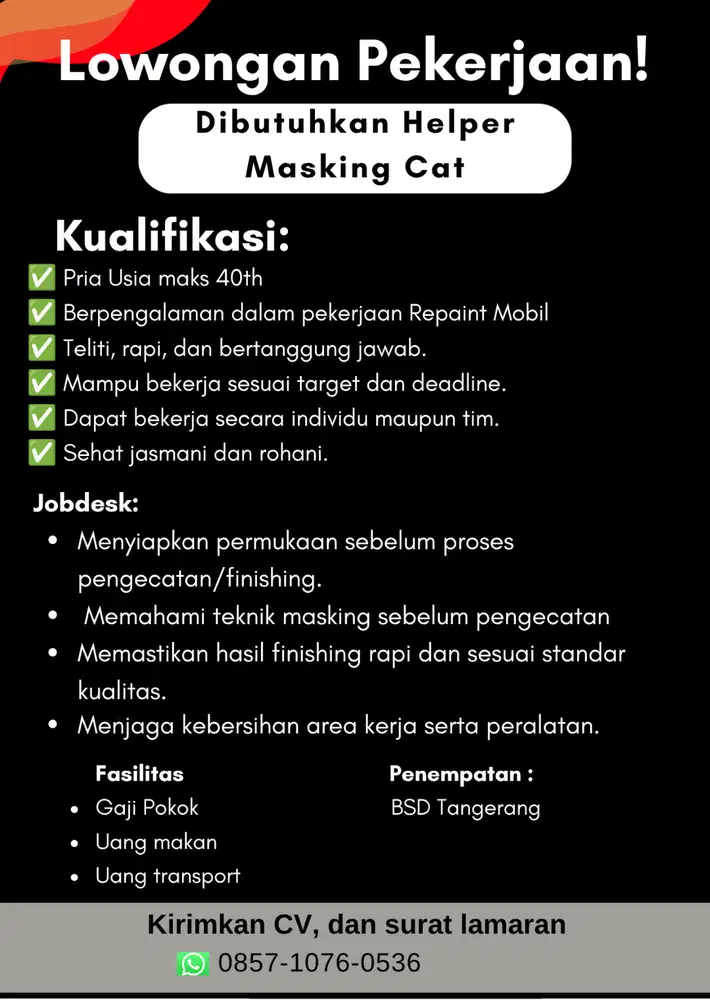 Dibutuhkan Helper Cat / Masking dan Bagian Poles