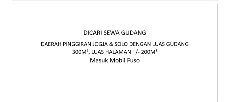 DICARI SEWA GUDANG DAERAH PINGGIRAN JOGJA & SOLO