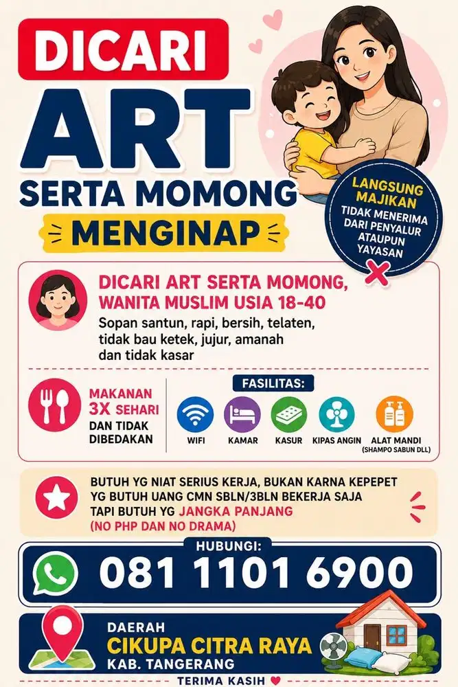 Dicari ART + Momong Menginap | Langsung Majikan | Tangerang