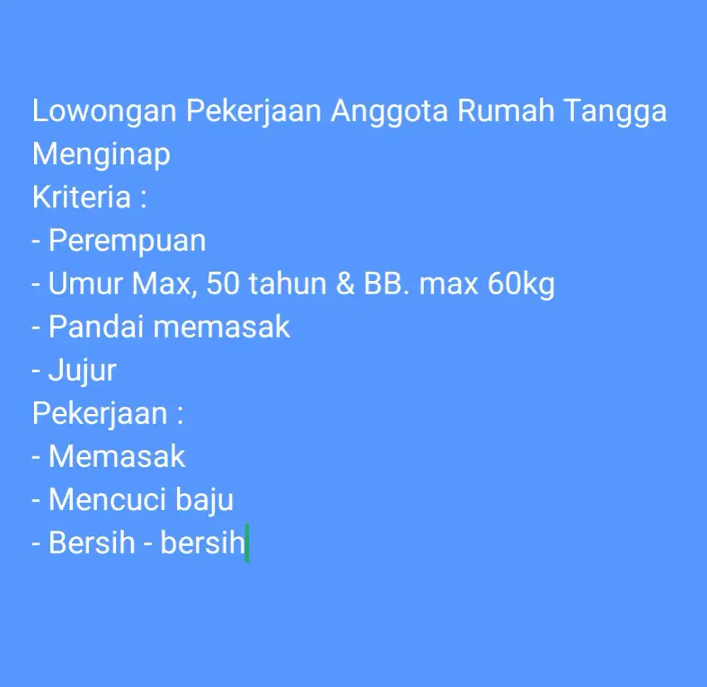 Lowongan Pekerjaan Pembantu Rumah Tangga (ART) Menginap