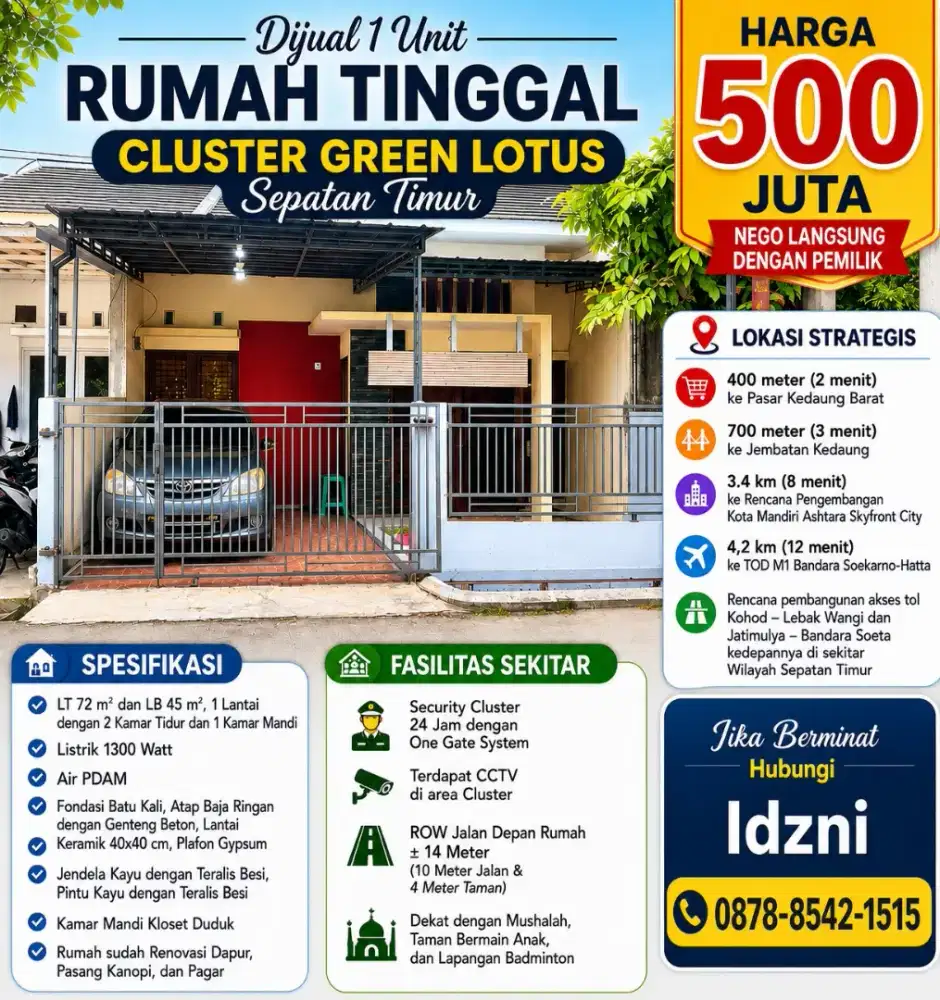 Dijual 1 Unit Rumah di Sepatan Timur Cluster Green Lotus Tangerang