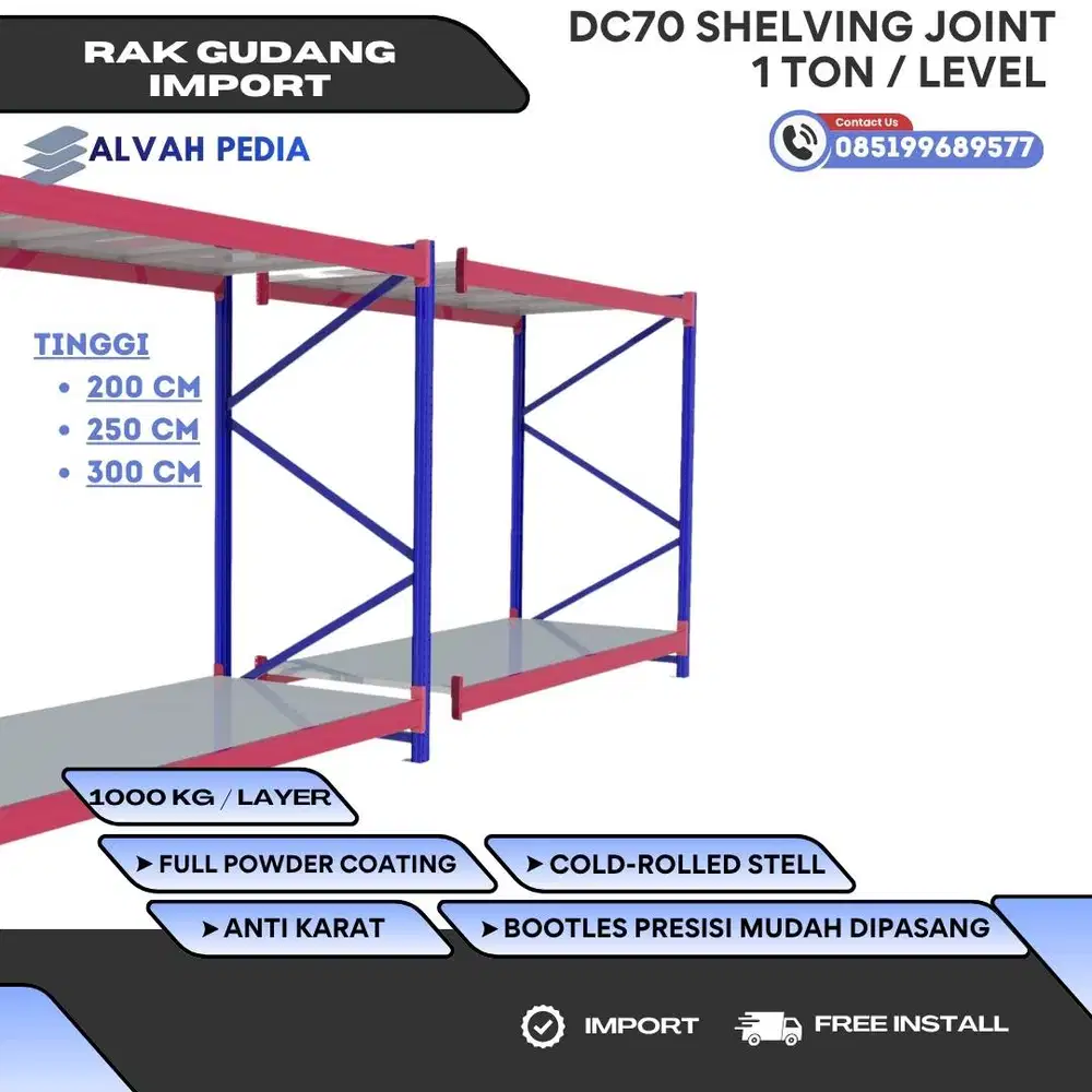 RAK GUDANG 1 TON PER LEVEL IMPORT DC70 JOINT SHELVING MURAH PREMIUM