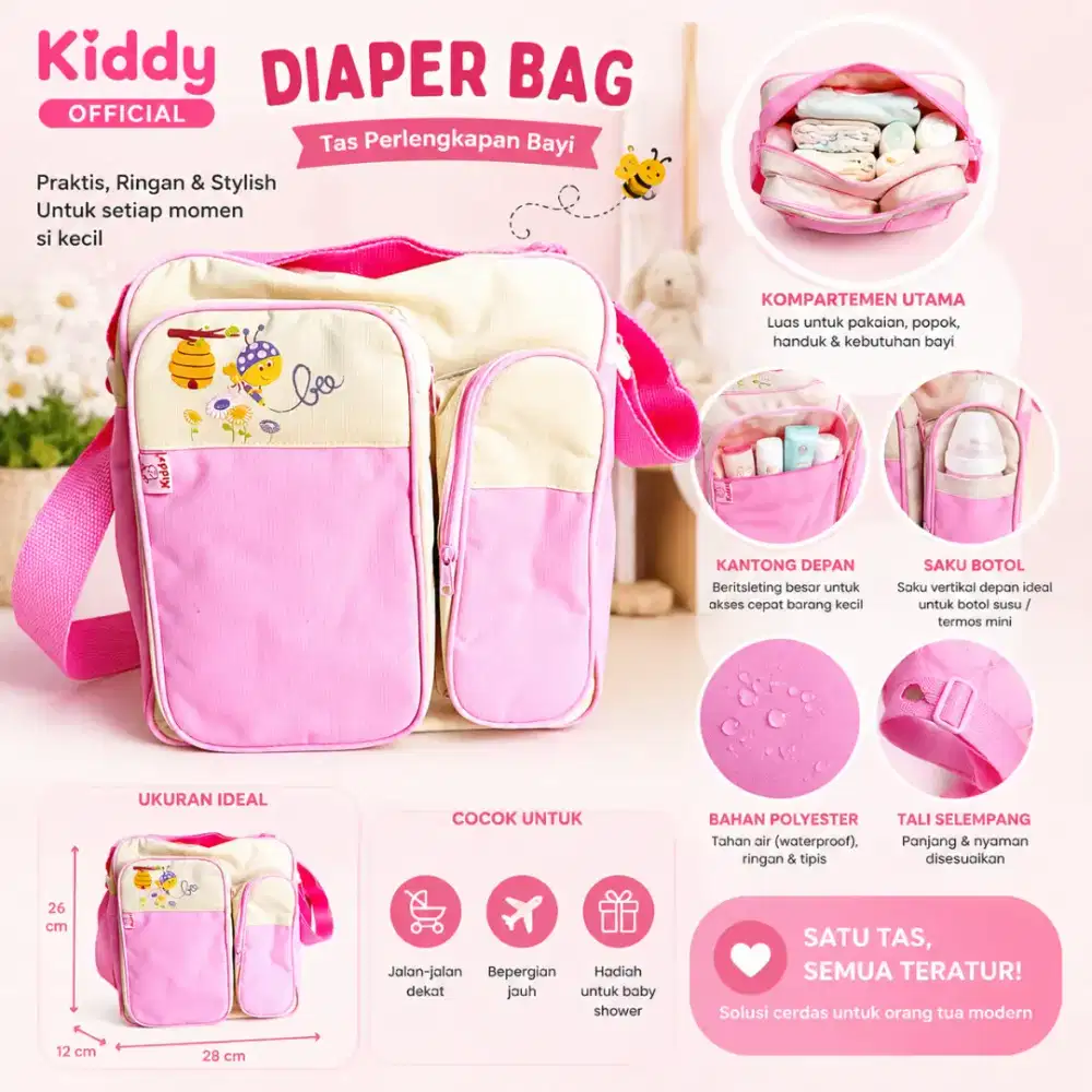 KIDDY DIAPER BAG-TAS PERLENGKAPAN BAYI MERK KIDDY MERAH MUDAH & KREM