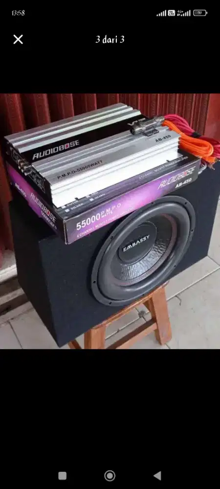 Audio Mobil Subwoofer 12, merk Embassy + Power 4ch merk Audiobose, dps