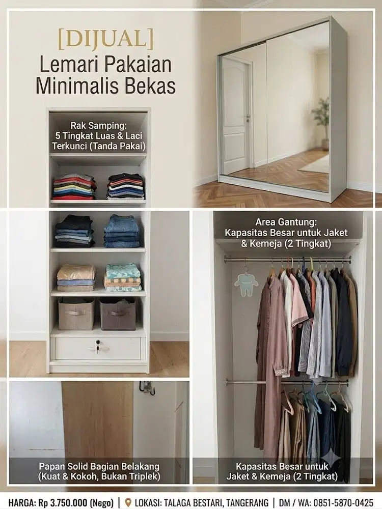 [DIJUAL] Lemari Pakaian Putih Minimalis Pintu Geser + Kaca Full
