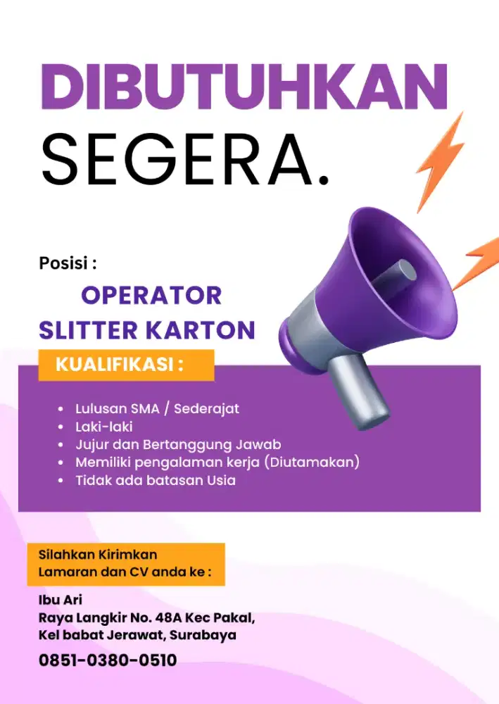 Dibutuhkan Segera Operator Slitter Karton
