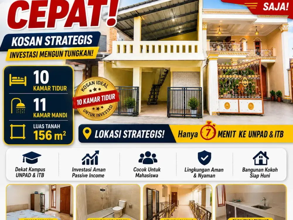 Investasi Kosan 10 Kamar Jatinangor, SHM, Dekat Kampus, Harga 1 M