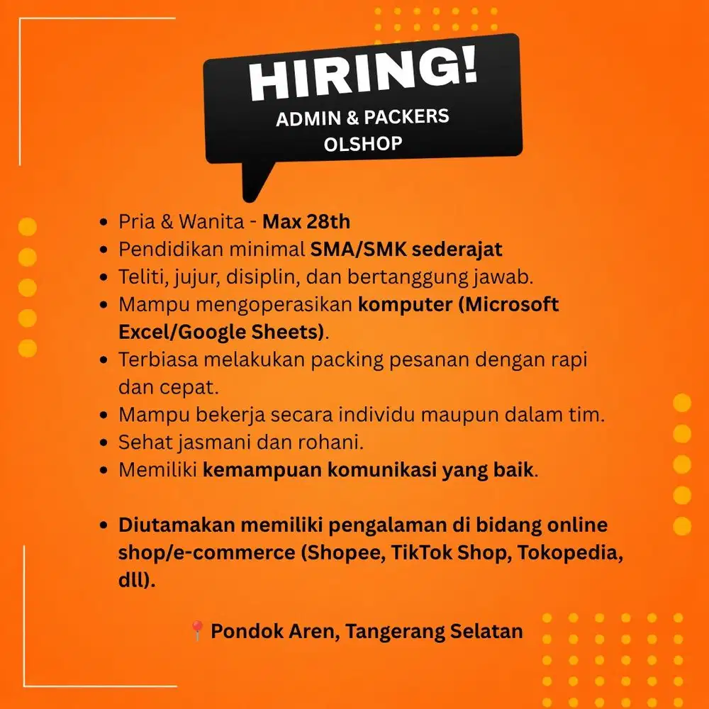 Lowongan Admin Packers Olshop